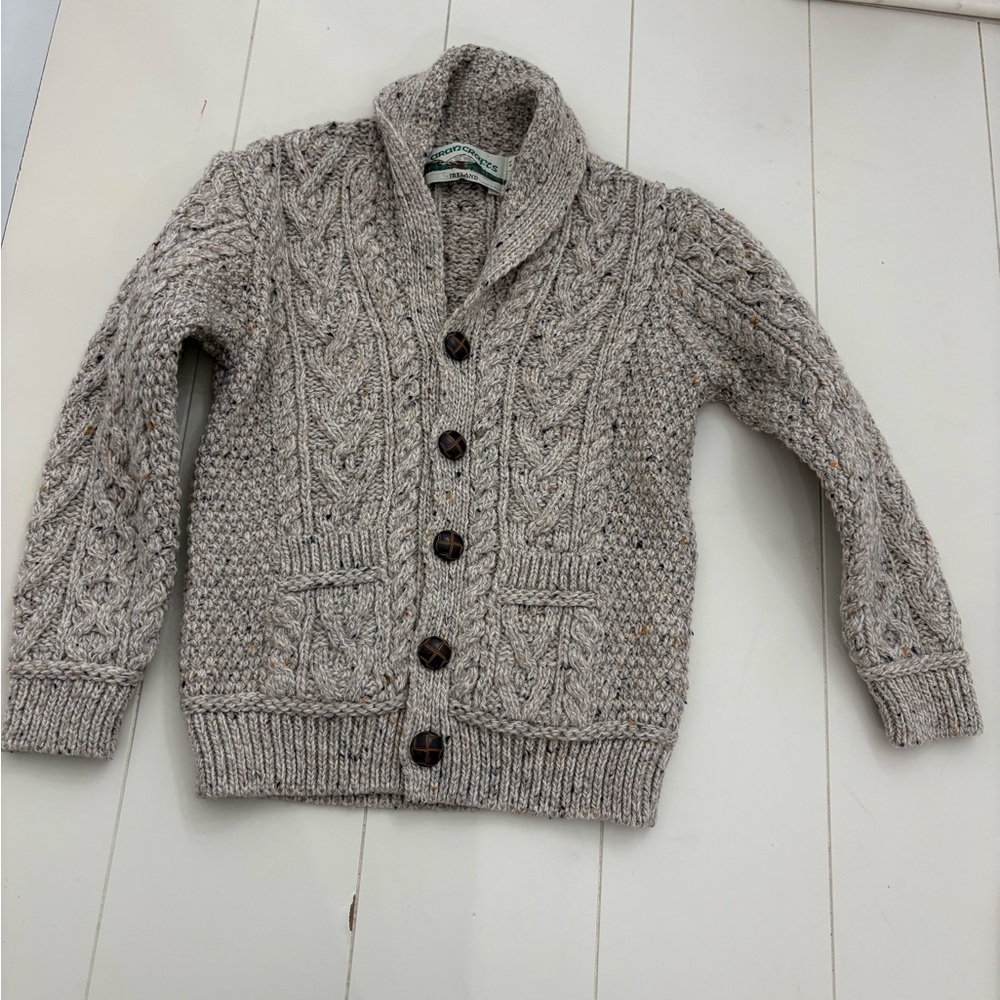 Aran Crafts Taupe Shawl Collar Cable Cardigan kids 4-5 y